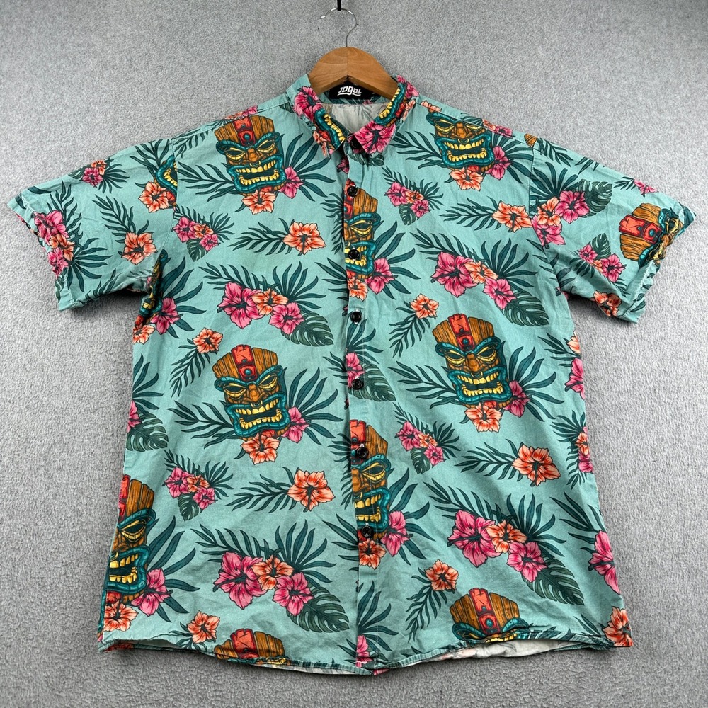 Jogal Shirt Mens Medium Tiki Mask Tropical Floral Teal Button-Down Cotton
